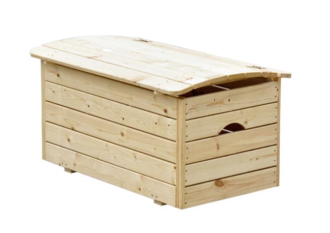 Baúl de Almacenaje para Juguetes Soho Outdoor Toys 81x50x47 cm Madera Natural de Pino | Caja de Juguetes para Niños | Gran Capacidad | Tapa Superior Curvada con Pistón | Madera Preparada para Pintar