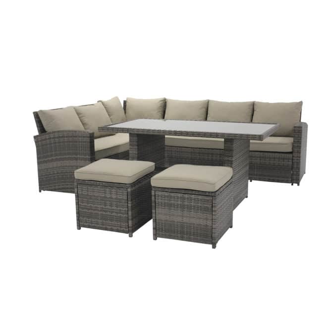 Conjunto de Jardín Chillvert Cerdeña 1 Sofá Rinconera+ 1 Mesa+ 2 Taburetes Ratán y Aluminio