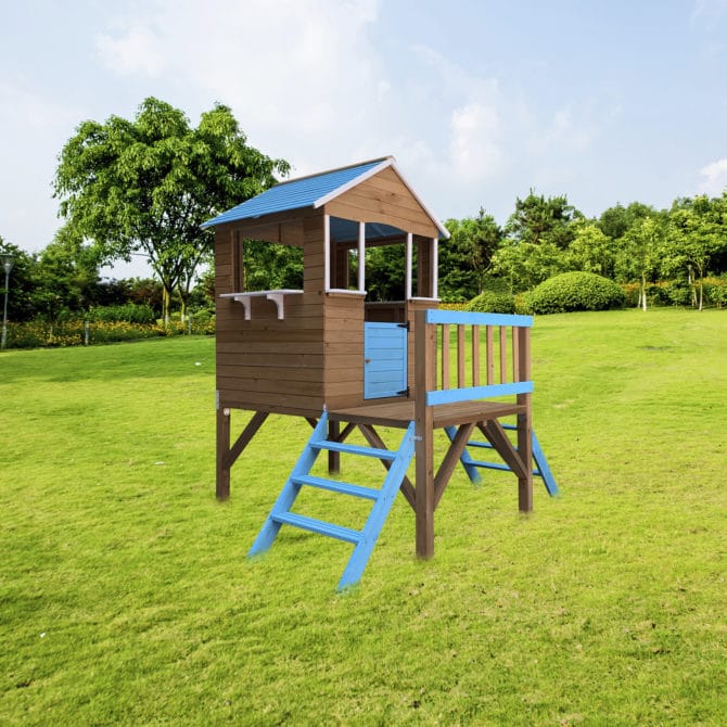 Casita Infantil de Madera Outdoor Toys Blue Melody 3,23 m² de 198x170x197 cm con Porche y Escaleras - Imagen 2