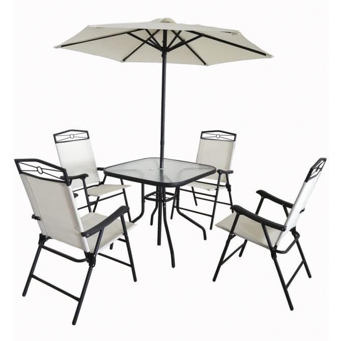 Conjunto de Jardín Chillvert Palatino Acero 1 Mesa + 4 Sillas + 1 Parasol Blanco Crudo