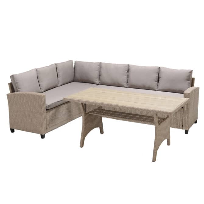 Conjunto de Jardín Sofá Rinconera y Mesa de Comedor Chillvert Orvieto de Acero y Ratan Sintético con Cojinería Beige