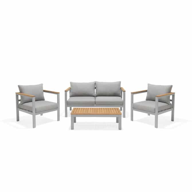 Conjunto de Jardín Chillvert Bérgamo Aluminio y Madera 1 Sofá + 2 Sillones + 1 Mesa Gris con Cojines