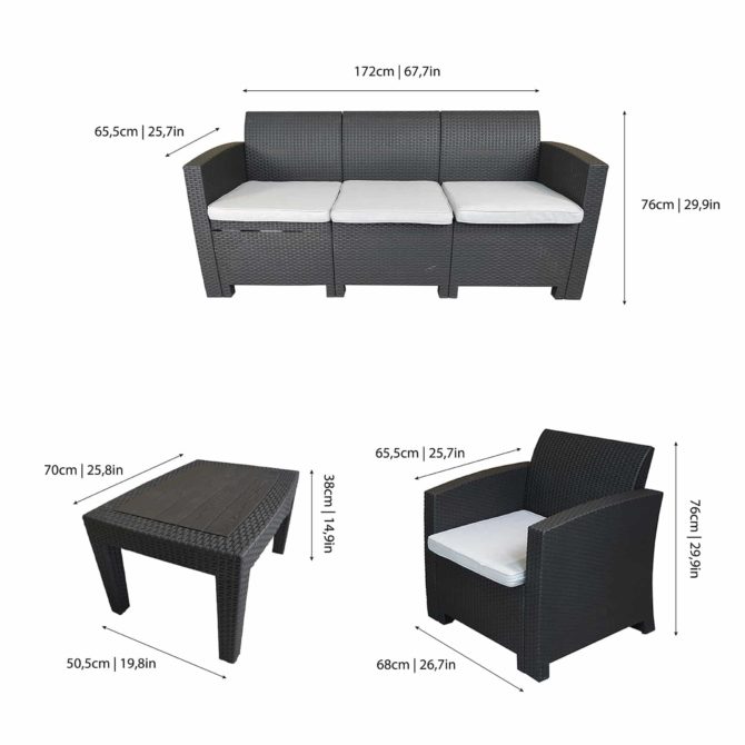 Conjunto de Jardín Chillvert Salerno 1 Sofá 3 Plazas+ 2 Sillones + 1 Mesa Resina Imitación Ratan Gris Antracita - Imagen 4