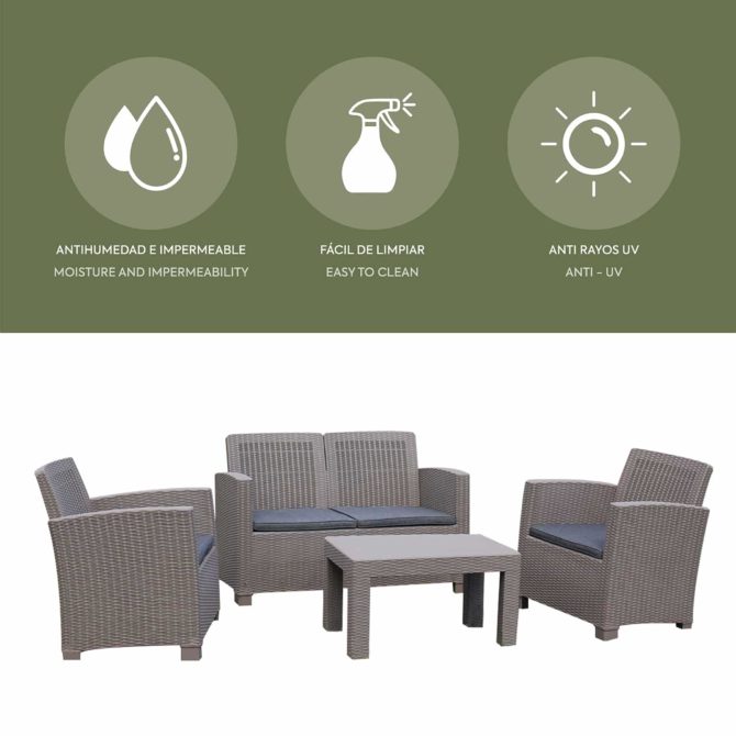 Conjunto de Jardín Chillvert Santorini de Resina 1 Sofá 2 Plazas + 2 Sillones + 1 Mesa Beige con Cojinería Gris - Imagen 3