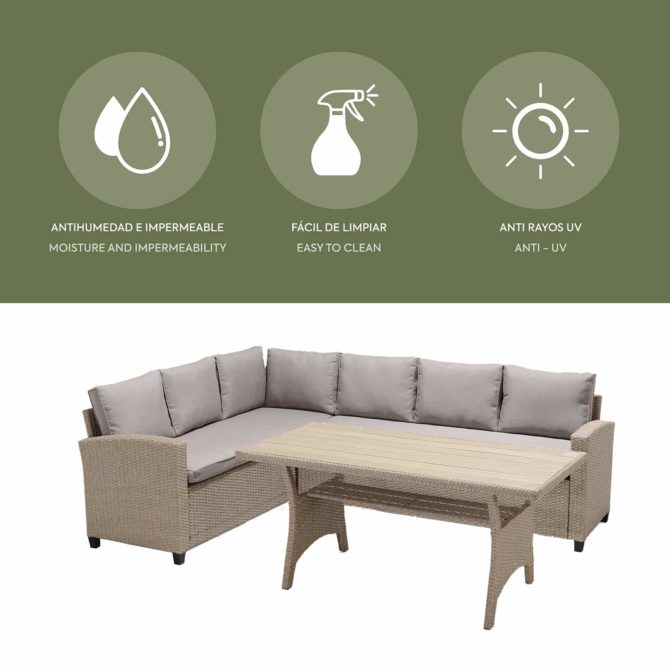 Conjunto de Jardín Sofá Rinconera y Mesa de Comedor Chillvert Orvieto de Acero y Ratan Sintético con Cojinería Beige - Imagen 2