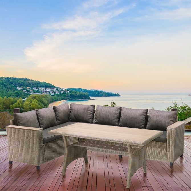 Conjunto de Jardín Sofá Rinconera y Mesa de Comedor Chillvert Turín de Acero y Ratán Sintético con Cojinería Gris - Imagen 6