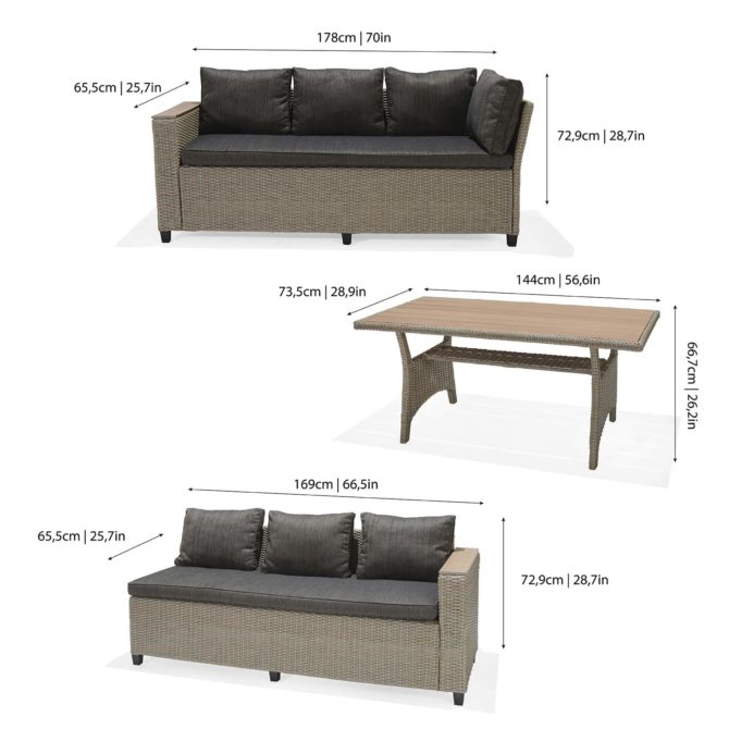 Conjunto de Jardín Sofá Rinconera y Mesa de Comedor Chillvert Turín de Acero y Ratán Sintético con Cojinería Gris - Imagen 3