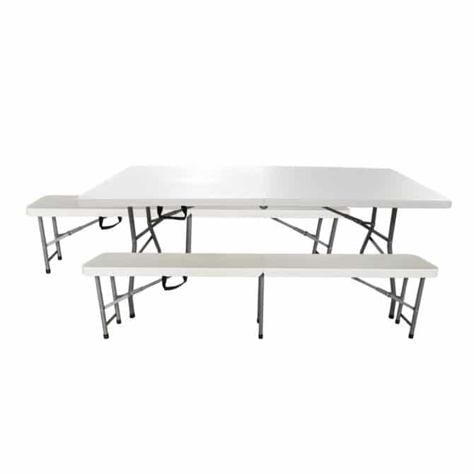 Conjunto de Mesa + 2 Bancos Dobráveis e Portáteis Gardiun New Koln 180 x 74 x 74 cm em Resina Branca