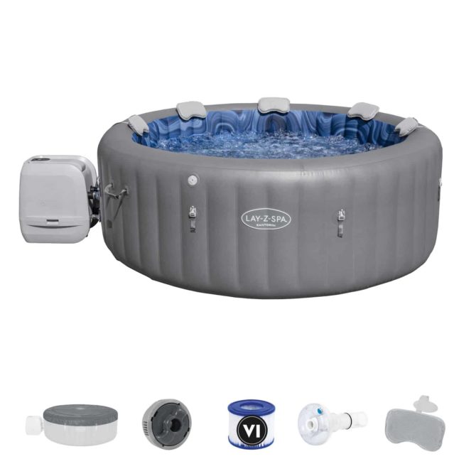 Spa Hinchable Bestway Lay-Z-Spa Santorini 216×80 cm para 7 Personas con Hydrojet, Luz LED, Cobertor y Almohadas