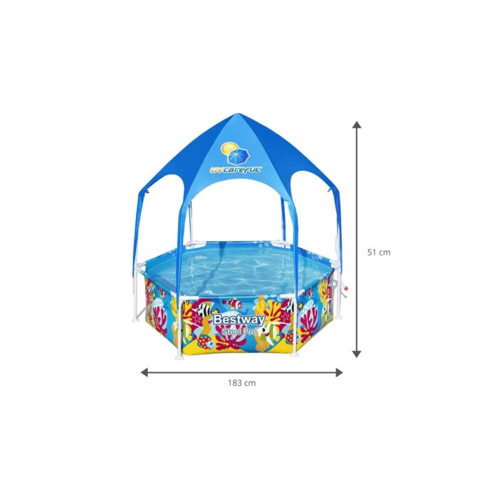 Piscina Hinchable Autoportante Infantil Bestway Steel Pro Splash-in-Shade 183x51 cm Cúpula Parasol Diseño Animales Marinos Edad Mayores de 3 Años - Imagen 4