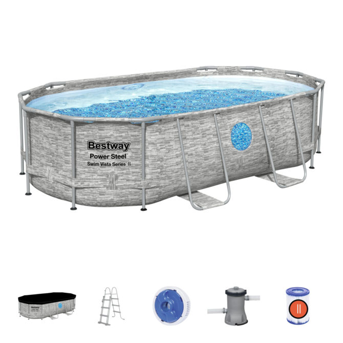 Piscina Desmontable Tubular Bestway Power Steel Diseño Piedra 427x250x100 cm Depuradora Cartucho de 2.006 L/H Cobertor y Escalera