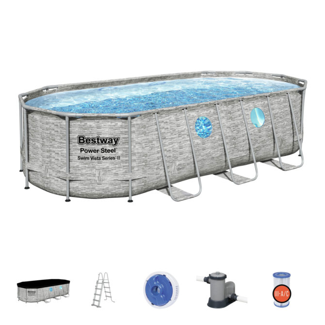 Piscina Desmontable Tubular Bestway Power Steel Diseño Piedra 549x274x122 cm Depuradora Cartucho 5.678 L/H Cobertor y Escalera