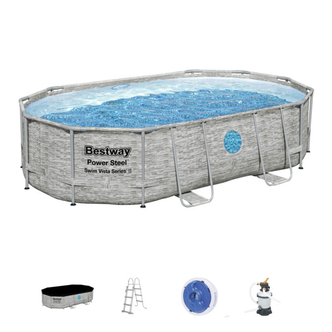 Piscina Desmontable Tubular Bestway Power Steel Diseño Piedra 488x305x107 cm Depuradora Arena 3.028 L/H Cobertor y Escalera