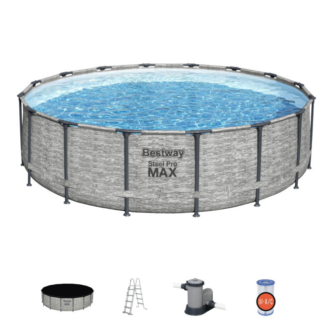 Piscina Desmontable Tubular Bestway Steel Pro Max Diseño Piedra Ø488x122 cm Depuradora Cartucho 5.678 L/H Cobertor y Escalera