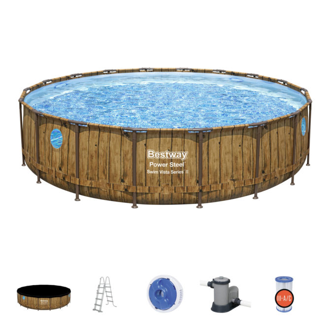 Piscina Desmontable Tubular Bestway Power Steel Diseño Madera 549x122 cm Depuradora Cartucho de 5.678 L/H con Cobertor Escalera