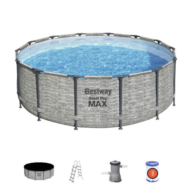 Piscina Desmontable Tubular Bestway Steel Pro Max Diseño Piedra Ø427x122 cm Depuradora Cartucho 3.028 L/H Cobertor y Escalera