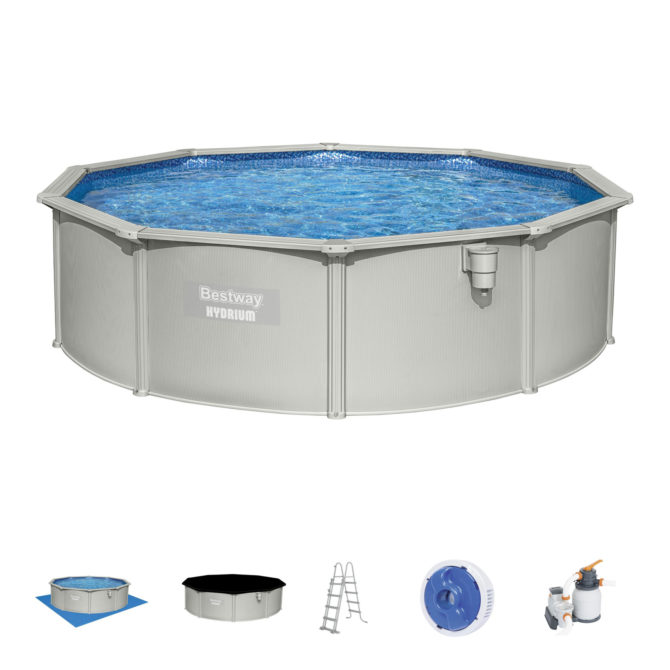 Piscina Desmontable de Acero Bestway Depuradora de Arena 460x120 cm Hydrium con Cobertor, Escalera, Tapiz de suelo