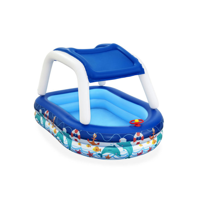 Piscina Hinchable Autoportante Infantil Bestway 213x155x132 cm Cúpula Parasol Diseño Barco con Volante y Bocina Edad Mayores de 3 Años