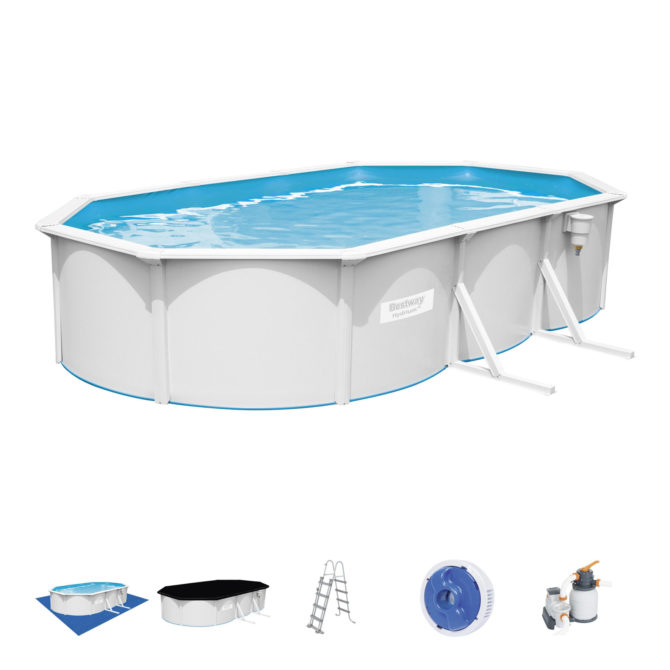 Piscina Desmontable de Acero Bestway con Depuradora de Arena 610x360x120 cm Hydrium con Cobertor, Escalera y Tapiz de Suelo