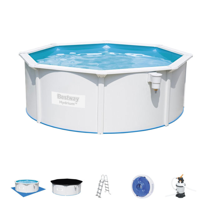 Piscina Desmontable de Acero Bestway Depuradora de Arena 360x120 cm Hydrium con Escalera, Cobertor y Tapiz de suelo