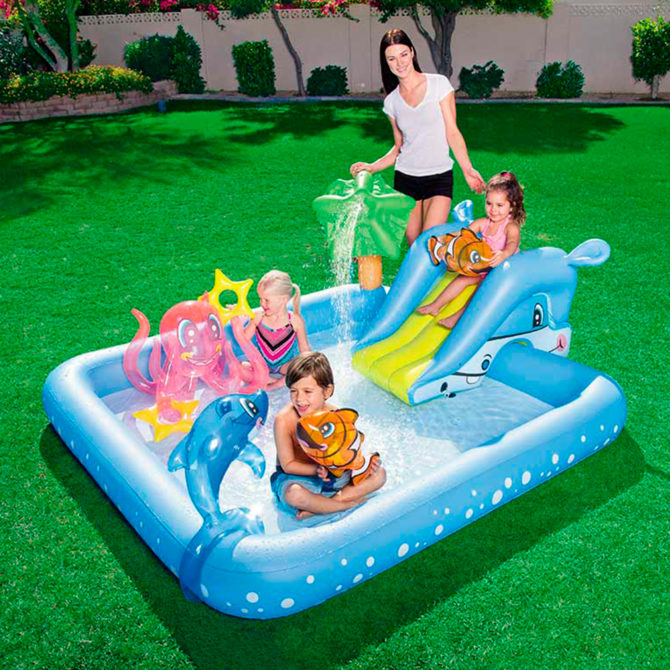 Piscina Hinchable Autoportante Infantil Bestway 239x206x86 cm Tobogán, Pulpo y Delfín Diseño Acuario Edad Mayores de 2 Años - Imagen 2