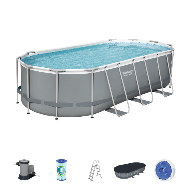 Piscina Desmontable Tubular Bestway Power Steel Oval 549x274x122 cm Depuradora de cartucho de 5.678 L/H Con Cobertor y Escalera