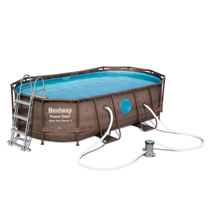 Piscina Desmontable Tubular Bestway Power Steel 427x250x100 cm Depuradora Cartucho 2.006 L/H Escalera y Cobertor Diseño Ratán