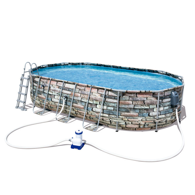 Piscina Desmontable Tubular Bestway Power Steel Oval 610x366x122 cm Depuradora de Cartucho de 9.463 L/H Masaje Burbujas