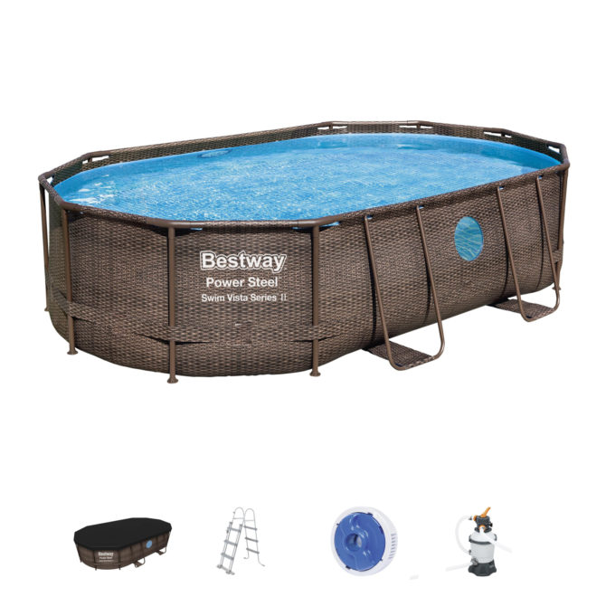 Piscina Desmontable Tubular Bestway Power Steel Oval Diseño Ratán 488x305x107 cm con Depuradora Cartucho 3.028 L/H