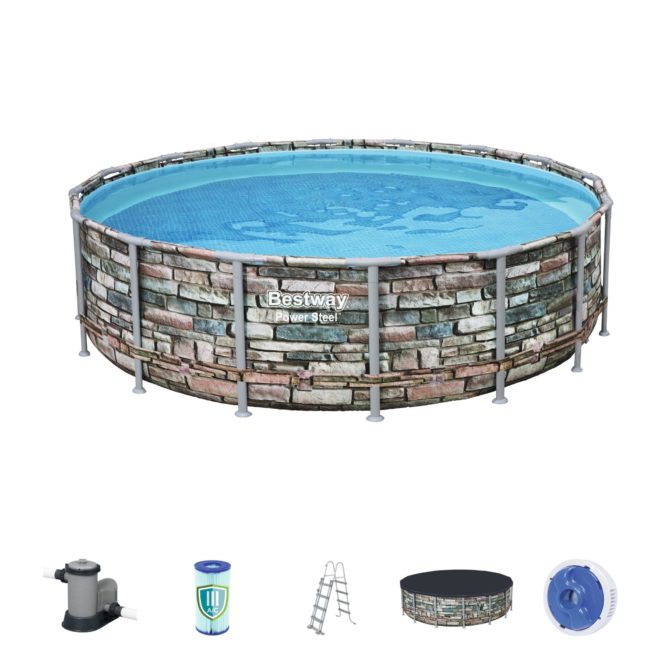 Piscina Desmontable Tubular Bestway Power Steel Diseño Piedra 488x122 cm Depuradora Cartucho 5.678 L/H Cobertor y Escalera