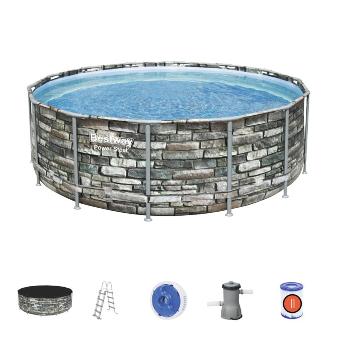 Piscina Desmontable Tubular Bestway Power Steel Diseño Piedra 427x122 cm Depuradora Cartucho 3.028 L/H Cobertor y Escalera