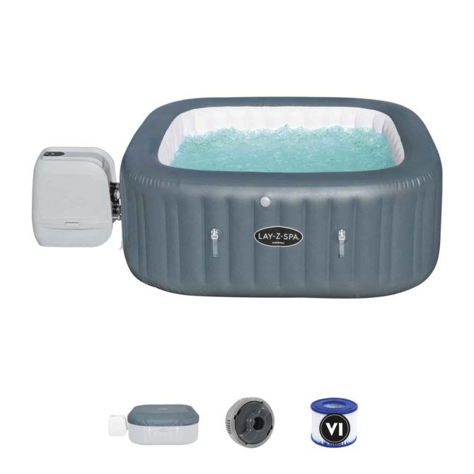 Spa Hinchable Bestway Lay-Z-Spa Hawaii Hydrojet Pro 180x180x71 cm para 4-6 personas | Cuadrado  | Depuradora de 1.325L/H | Cobertor | Capacidad 840L | Gris