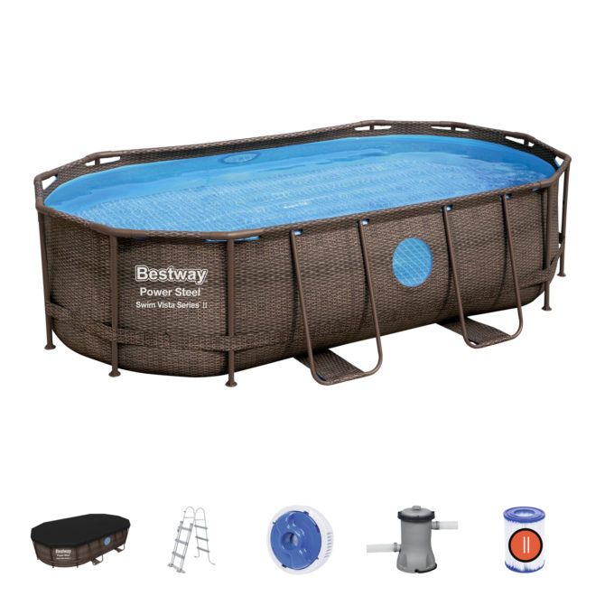 Piscina Desmontable Tubular Bestway Power Steel Oval Diseño Ratán 427x250x100 cm con Depuradora Cartucho 2.006 L/H