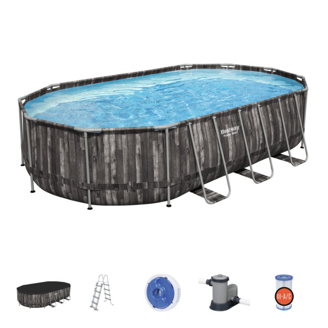 Piscina Desmontable Tubular Bestway Power Steel Oval Diseño Madera 610x366x122 cm con Depuradora Cartucho 5.678 L/H con Cobertor y Escalera