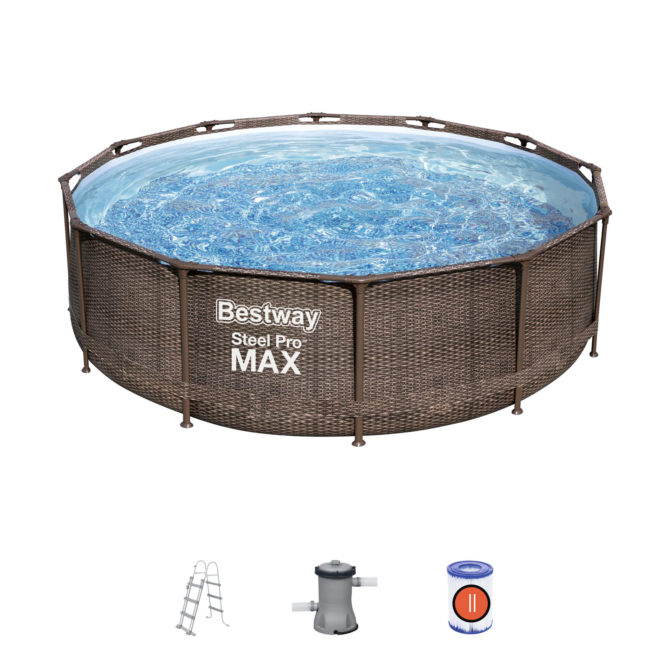 Piscina Desmontable Tubular Bestway Steel Pro Max 366x100 cm con Depuradora de Cartucho 2.006 L/H Escalera Diseño Ratán