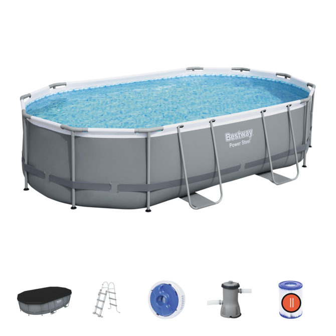 Piscina Desmontable Tubular Bestway Power Steel Oval 488x305x107 cm con Depuradora Cartucho 3.028 L/H con Cobertor y Escalera