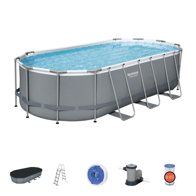 Piscina Desmontable Tubular Bestway Power Steel Oval 549x274x122 cm con Depuradora Cartucho 5.678 L/H con Cobertor y Escalera