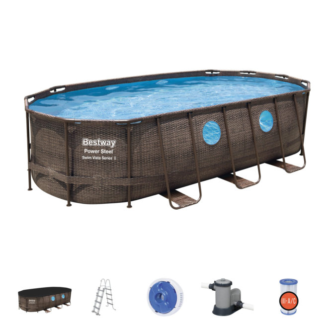 Piscina Desmontable Tubular Bestway Power Steel Oval Diseño Ratán 549x274x122 cm con Depuradora Cartucho 5.678 L/H