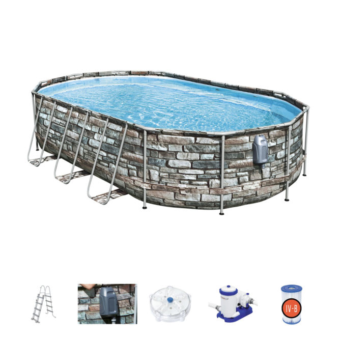 Piscina Desmontable Tubular Bestway Power Steel Oval Diseño Piedra 610x366x122 cm con Depuradora Cartucho 9.463 L/H con Escalera