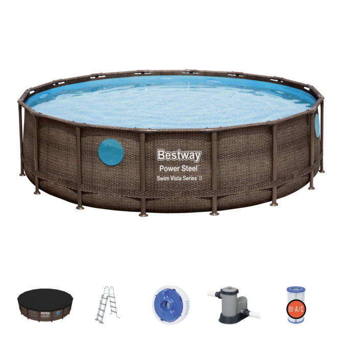 Piscina Desmontable Tubular Bestway Power Steel Diseño Ratán 488x122 cm Depuradora Cartucho 5.678 L/H Cobertor y Escalera