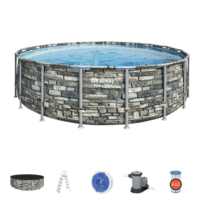 Piscina Desmontable Tubular Bestway Power Steel Diseño Piedra 549x132 cm Depuradora Cartucho 5.678 L/H Cobertor y Escalera