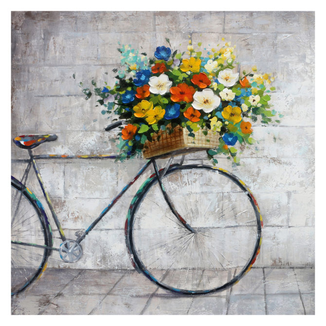 Cuadro Figurativo Kuatéh 100 x 100 cm Bicicleta con Flores Óleo sobre Lienzo