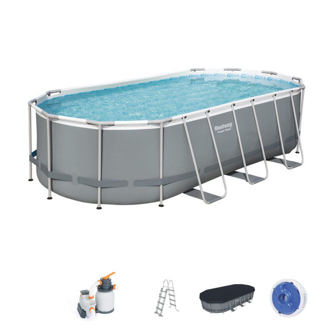 Piscina Desmontable Tubular Bestway Power Steel Oval 549x274x122 cm Depuradora de arena de 5.678 L/H Con Cobertor y Escalera