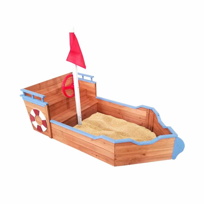 Arenero Infantil de Madera para Niños Outdoor Toys Barco de 158x78x103 cm Forma de Barco | Timón, Salvavidas y Bandera | Decorado con Pinturas Naturales | Uso Indicado +3 años