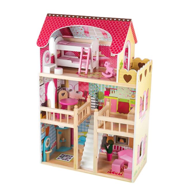 Casa de Muñecas Naroa Outdoor Toys Madera y MDF 60x33x90 cm con Luz LED 18 Accesorios de Mobiliario y 3 Pisos