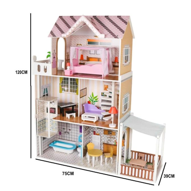 Casa de Muñecas Laia Outdoor Toys Madera y MDF 75x39x120 cm con Luz LED 18 Accesorios de Mobiliario y 3 Pisos - Imagen 4