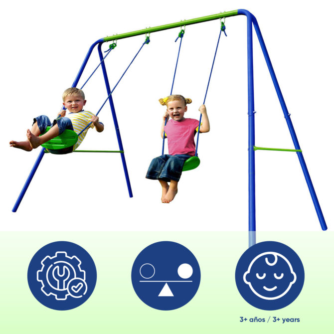 Columpio Doble Infantil para Jardín + 3 Años Juego para Niños de Metal Outdoor Toys 220x138x182 cm Carga hasta 45 Kg - Imagen 3