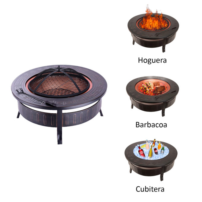 Brasero en Acero Uso Exterior 3 en 1 Función Barbacoa-Hoguera y Cubitera Kekai Fox 81x35 cm Parrilla, Atizador y Tapa Protector - Imagen 3