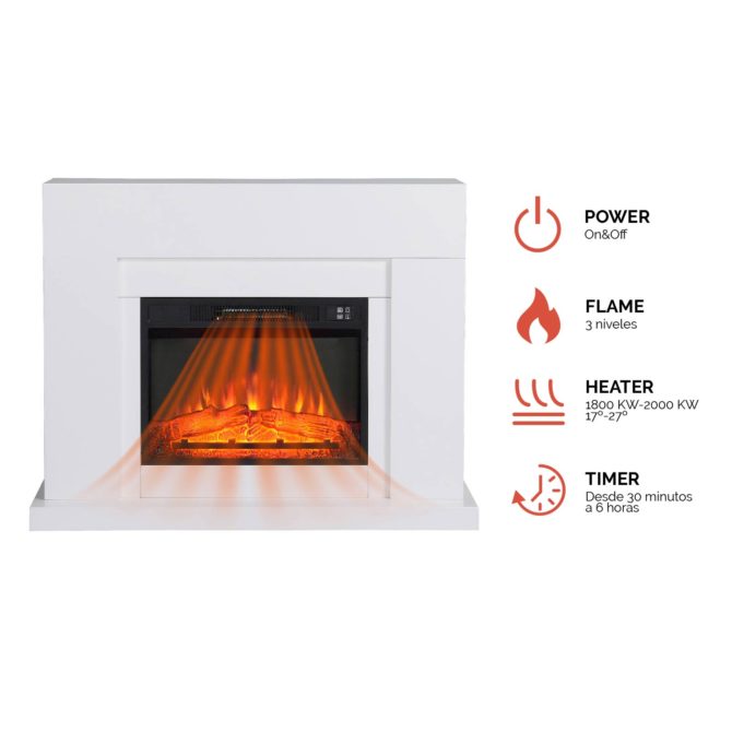 Chimenea Eléctrica Kit Marco Blanco y Calefactor Decorativo Pared 2000W Kekai Val Joly 114x32.5x87.5 cm 3 Niveles Control Remoto - Imagen 3