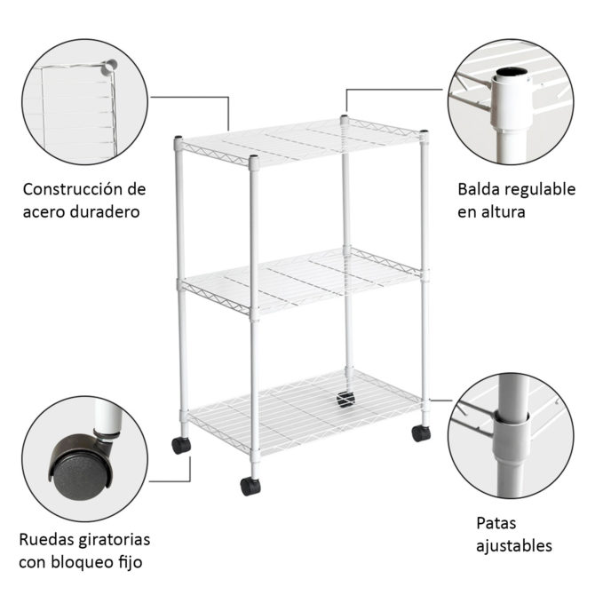 Estantería Metálica con Rejilla CATTERHOUSE Klaus 80 - 56x35x80 cm Estantería de Almacenaje Color Blanco con Ruedas y 3 Baldas Soporta hasta 105 kg - Imagen 3